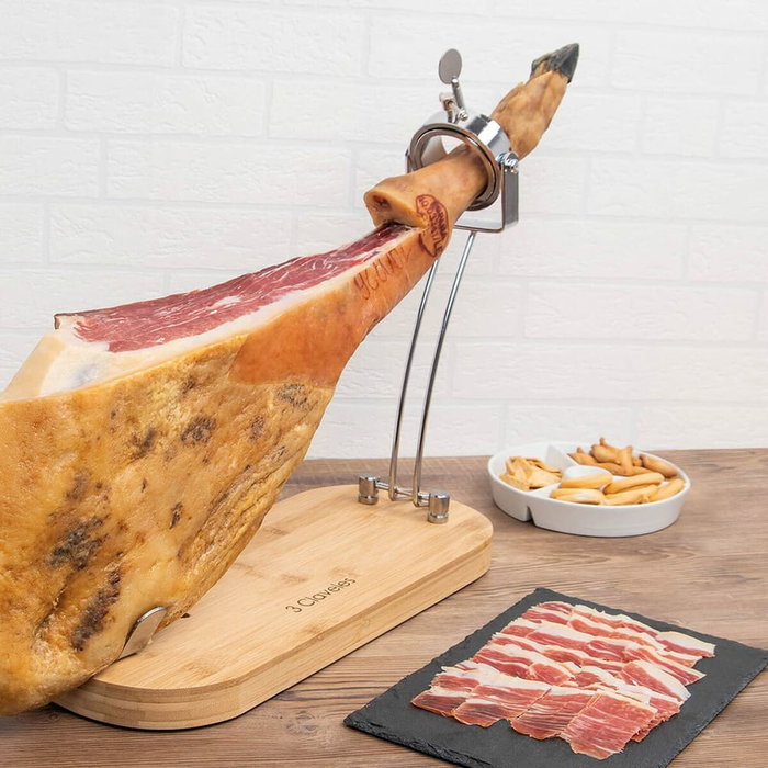 3 Claveles Jamonero plegable con cabezal giratorio y base de bambú