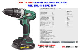 STAYER Taladro a batería BHL 118 BPK 18 V