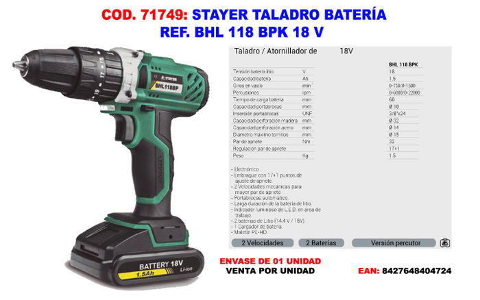 STAYER Taladro a batería BHL 118 BPK 18 V STAYER Taladro a batería BHL 118 BPK 18 V