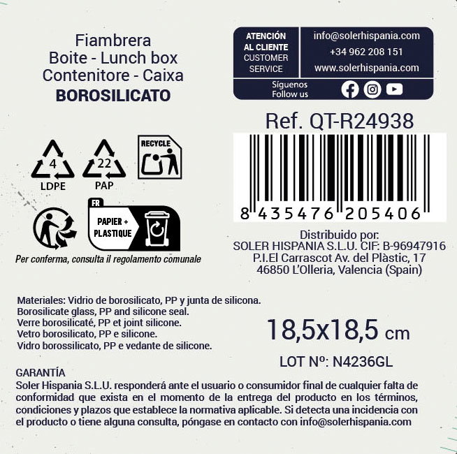 Quttin Fiambrera Cuadrada Hermética 1.1 L (Pack de 6 Unidades)