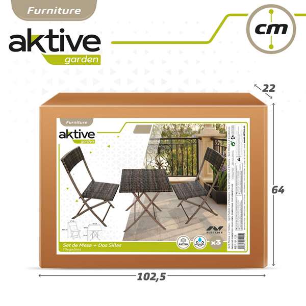 Aktive Conjunto Mesa Cuadrada Plegable 60x72 cm y 2 Sillas Ratán 44x83.5 cm Acero
