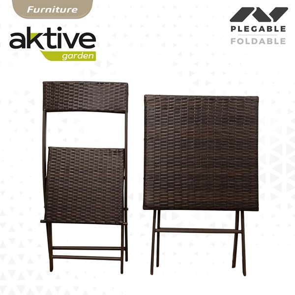 Aktive Conjunto Mesa Cuadrada Plegable 60x72 cm y 2 Sillas Ratán 44x83.5 cm Acero
