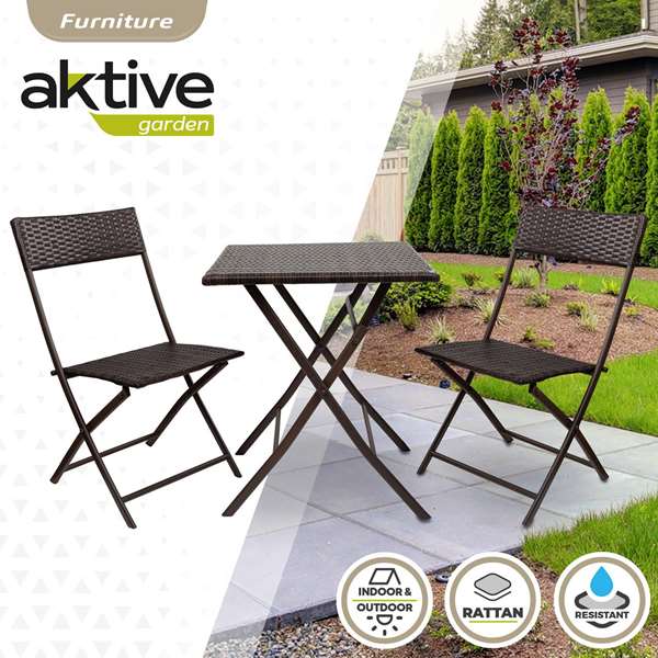Aktive Conjunto Mesa Cuadrada Plegable 60x72 cm y 2 Sillas Ratán 44x83.5 cm Acero