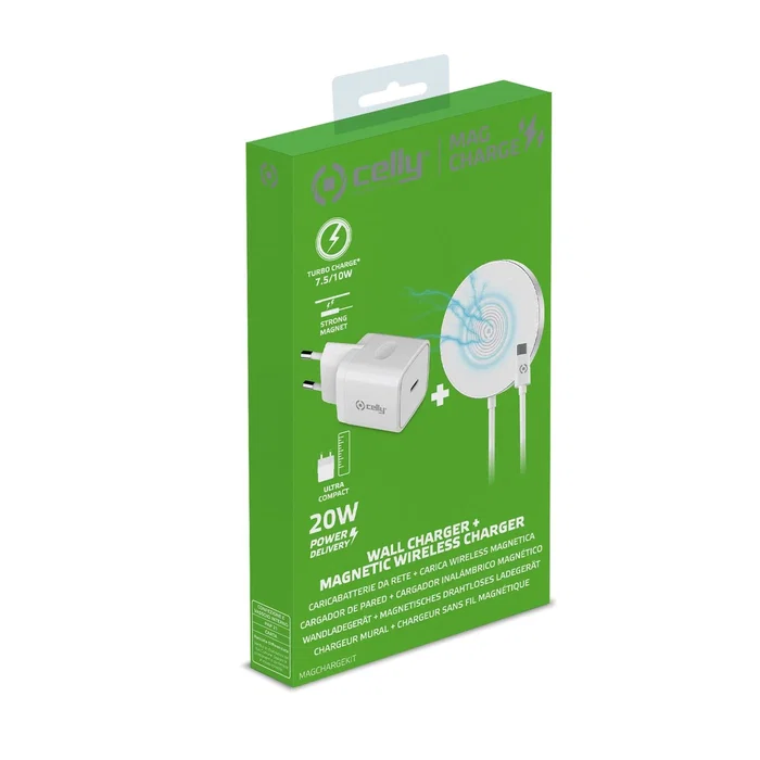 Celly MAGCHARGEKIT Kit Cargador Inalámbrico Magnético MagSafe & Adaptador 20W USB-C para iPhone/Android, Blanco