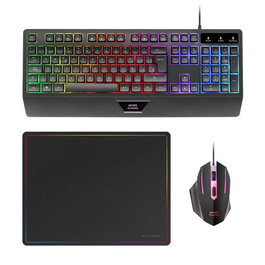 Mars Gaming MCP124ES Combo Gaming 3 en 1 con Teclado H-Mech Full Size QWERTY Español FRGB, Ratón RGB 3200 DPI, Alfombrilla Nanotextil, Plug and Play, PC y Consolas