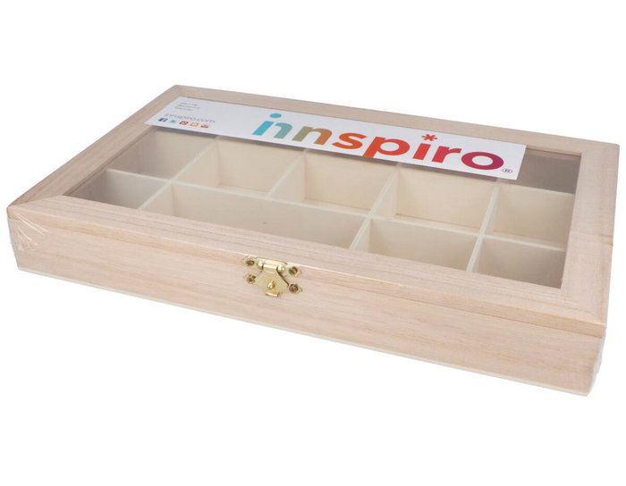 Innspiro Caja vitrina expositor madera de balsa 30x19x4cm con 14 compartimientos