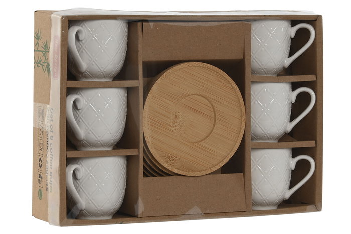 DKD Home Decor Set de 6 Tazas de Porcelana y Bambú Blancas 90ml 5.8 x 6 x 8.4 cm