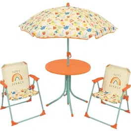 Fun House Fruity's Garden Mueble Infantil de Jardín con Mesa 46 cm de Alto, 2 Sillas y Sombrilla 100 cm de Diámetro - Juego Completo
