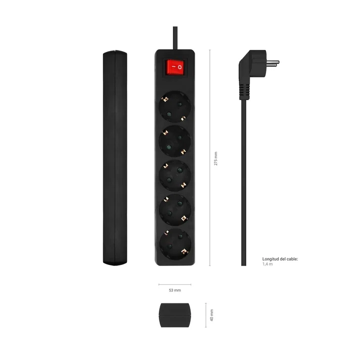 Aisens Base Múltiple 5 Tomas con Interruptor, Cable 1.4m, Negro
