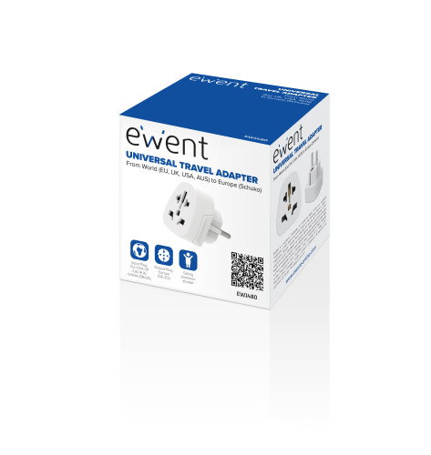 Ewent EW1480 Adaptador de Viaje Universal a Europa Schuko Blanco