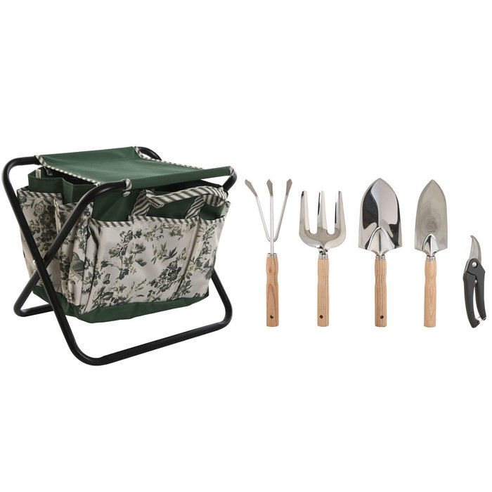 DKD Home Decor Set de 8 Utensilios con Taburete Green Leaves Blanco y Verde DKD Home Decor Set de 8 Utensilios con Taburete Green Leaves Blanco y Verde