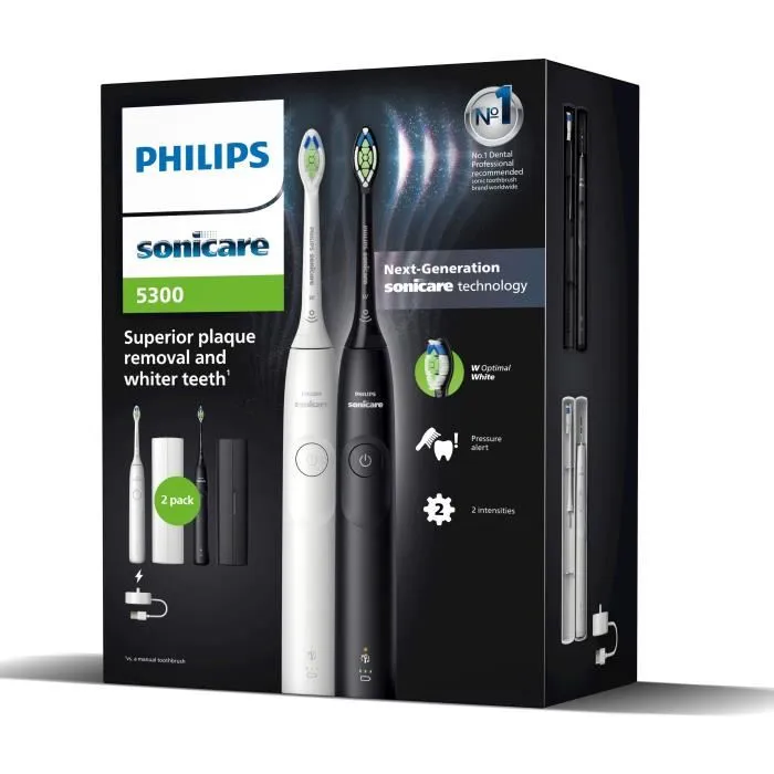 Philips HX7109/01 Cepillo de dientes eléctrico Sonicare Mango doble Serie 5300 Blanco y negro