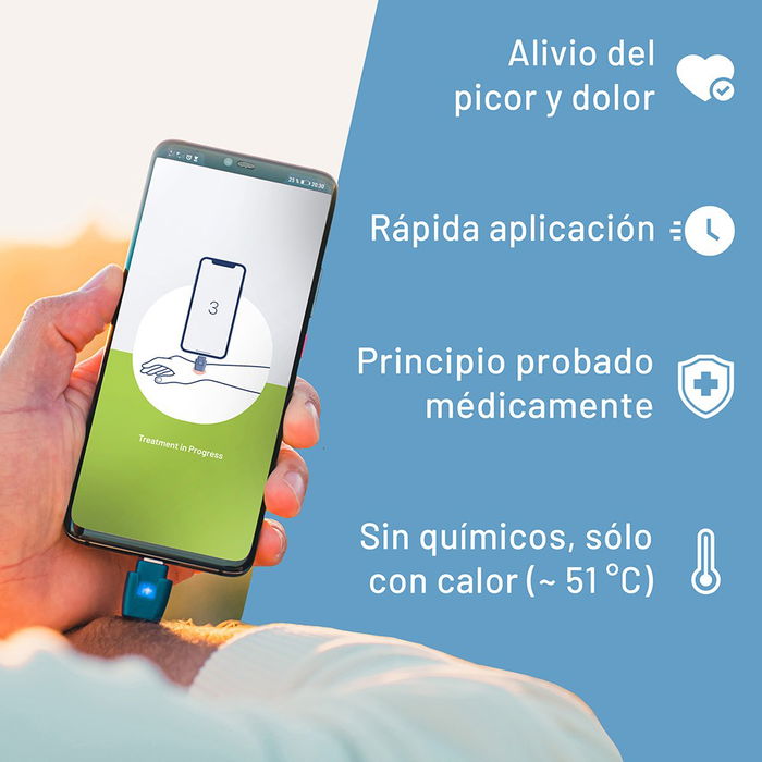 Basics Dispositivo para Picaduras de Insectos, Tratamiento por Calor sin Químicos, Formato Llavero, Conexión USB-C, App Exclusiva, Compatible con Android y Apple hasta iPhone 15