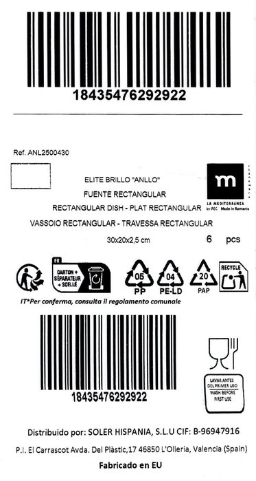 La Mediterranea Fuente Rectangular Anllo Elite Brillo (6 Unidades) 30x20 cm