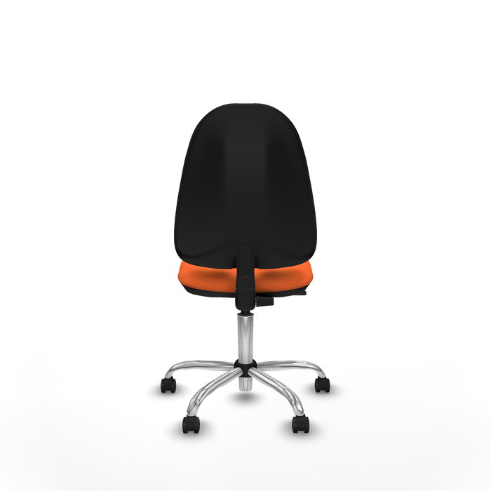 Silla de oficina Algarra con mecanismo Contacto permanente básico tapizada con Tela color Naranja. Equipada con Base cromada, Sin brazos y Ruedas autofrenantes