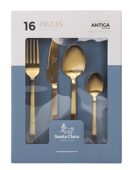 Santa Clara Cubertería de Acero Inoxidable 16 Piezas, Modelo Antiga Champan, Juego de Cubiertos (6 Unidades)