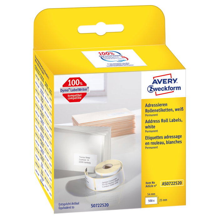 AVERY Zweckform Rollo de etiquetas AS0722520, 54,0 x 25,0 mm, 500 unidades AVERY Zweckform Rollo de etiquetas AS0722520, 54,0 x 25,0 mm, 500 unidades