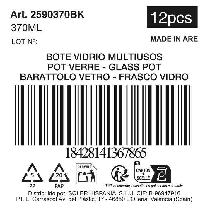 Inde Bote de Vidrio con Tapa 370 ml - 7.3 x 12 cm (12 Unidades)