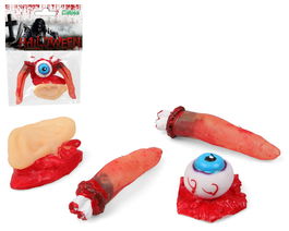 Pack 4 Despojos Humanos con Sangre Artificial Oreja Dedos Ojo Decoración Halloween Terrorífica