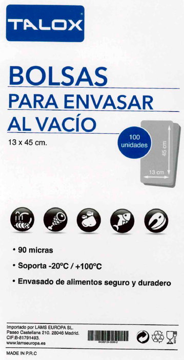 TALOX 100 Bolsas para Envasar al Vacío 13cm x 45cm 90 µm