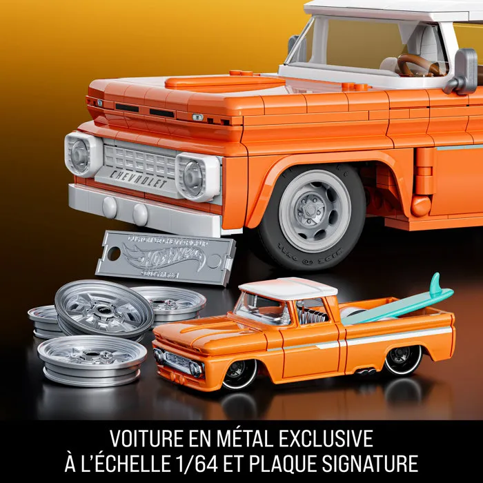 Mattel Brick 1962 Chevy Pickup Elite Hot Wheels Jft20 - Coche de Colección a Escala 1:16 con Piezas de Metal, Puertas Abatibles, Suspensión Ajustable y Tabla de Surf