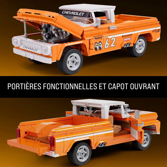 Mattel Brick 1962 Chevy Pickup Elite Hot Wheels Jft20 - Coche de Colección a Escala 1:16 con Piezas de Metal, Puertas Abatibles, Suspensión Ajustable y Tabla de Surf