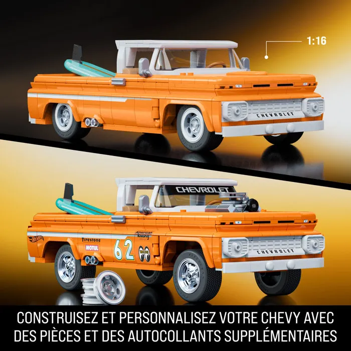 Mattel Brick 1962 Chevy Pickup Elite Hot Wheels Jft20 - Coche de Colección a Escala 1:16 con Piezas de Metal, Puertas Abatibles, Suspensión Ajustable y Tabla de Surf