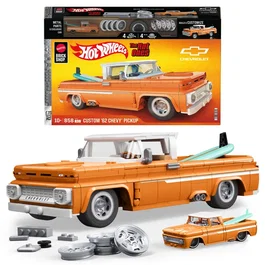 Mattel Brick 1962 Chevy Pickup Elite Hot Wheels Jft20 - Coche de Colección a Escala 1:16 con Piezas de Metal, Puertas Abatibles, Suspensión Ajustable y Tabla de Surf