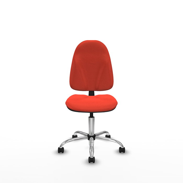 Silla de oficina Algarra con mecanismo Contacto permanente básico tapizada con Tela color Naranja oscuro. Equipada con Base cromada, Sin brazos y Ruedas autofrenantes