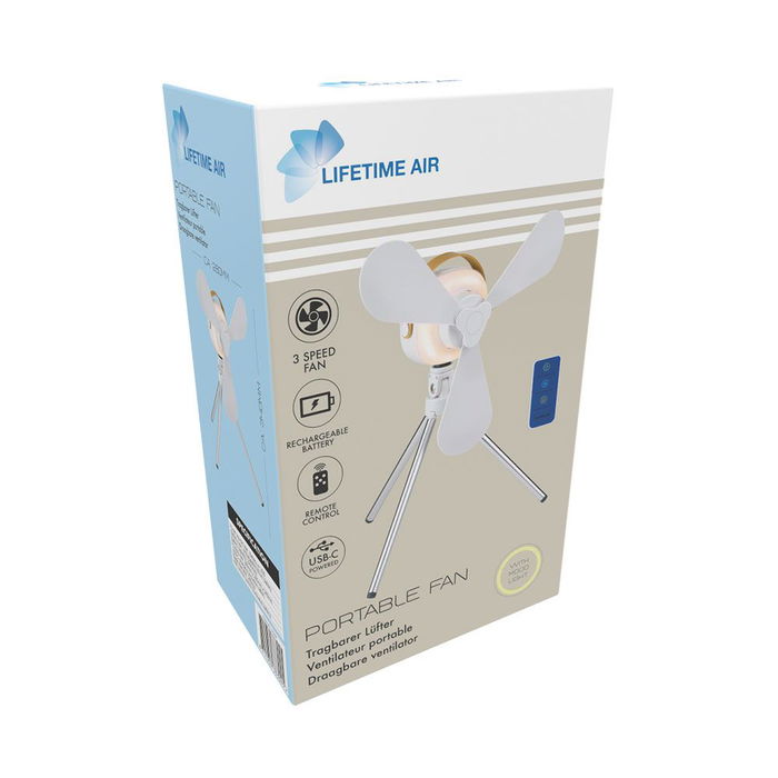 Lifetime Air Ventilador de Mesa Recargable USB, 3 Aspas, 4 Velocidades, Mando, Luz Cálida, 2200 mAh, Blanco