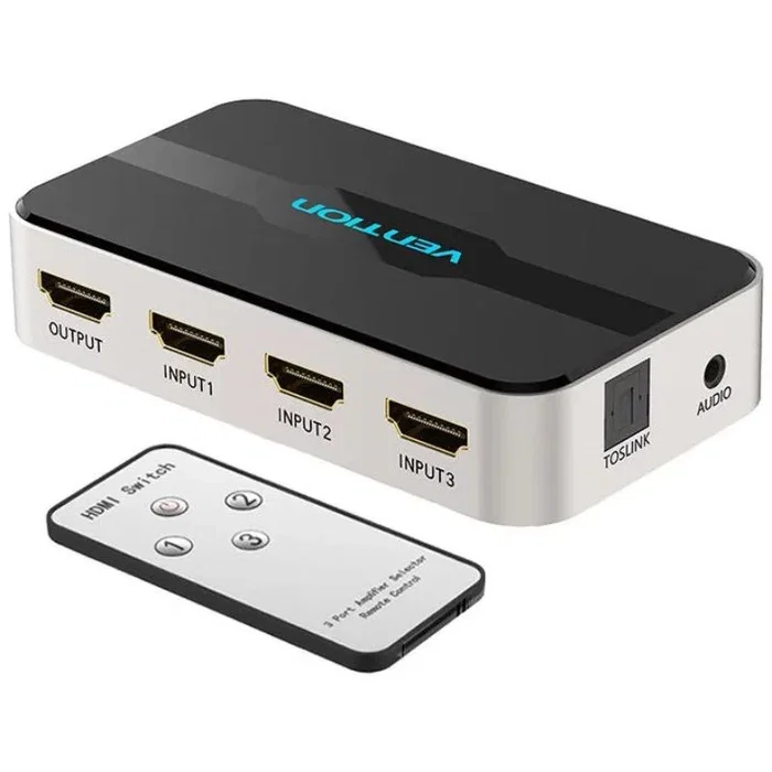 Vention AFJH0 Switch HDMI 3 entradas 1 salida con Separación Audio Óptica/Aux, 4K 30Hz, 3x HDMI Hembra a HDMI Macho, Color Gris
