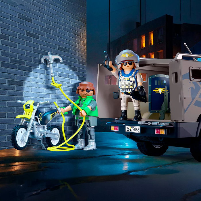 PLAYMOBIL 72066 Vehículo Táctico de Fuerzas Especiales con Agente SWAT, Criminal y Moto - Juego de Acción y Aventura en Español