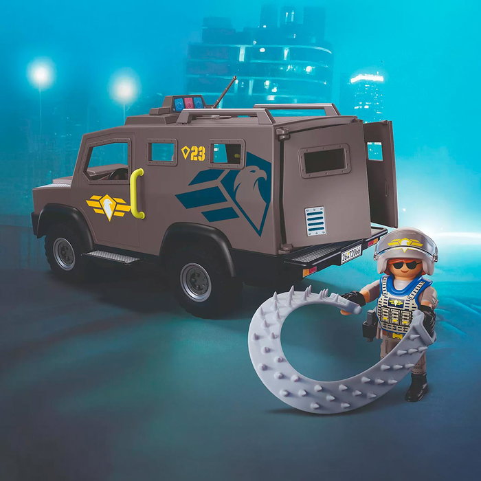PLAYMOBIL 72066 Vehículo Táctico de Fuerzas Especiales con Agente SWAT, Criminal y Moto - Juego de Acción y Aventura en Español