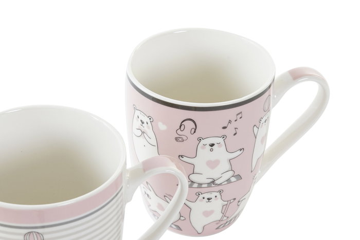 DKD Home Decor Tazas de Porcelana New Bone OSOS Rosa y Blanco, Pack de 12