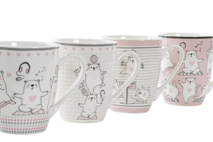 DKD Home Decor Tazas de Porcelana New Bone OSOS Rosa y Blanco, Pack de 12