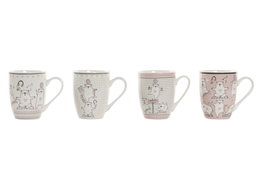 DKD Home Decor Tazas de Porcelana New Bone OSOS Rosa y Blanco, Pack de 12