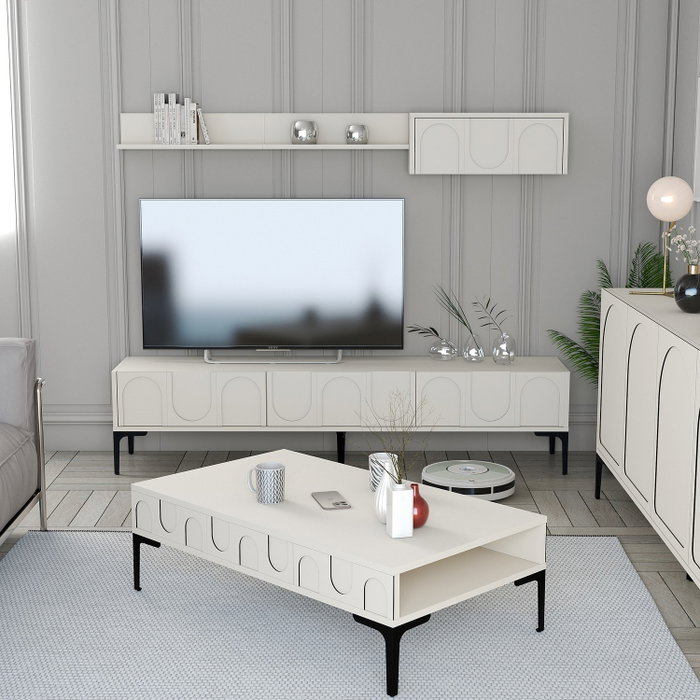 Hanah Home Lyon 3 Mueble de Salón Completo con Mueble TV, Estante y Mesa de Centro, Crema y Negro