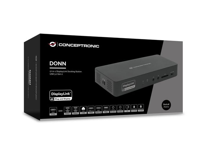 Conceptronic DONN31B Docking Station USB-C 17 Puertos, 100W PD, 2x HDMI 4K 60Hz, 2.5GbE, para Windows/Mac/Android