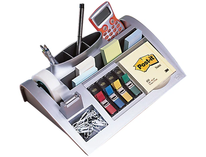 3m Organizador de Sobremesa con Bloc de Notas, Rollo de Cinta Scotch y 4 Dispensadores de Banderitas Color Plata