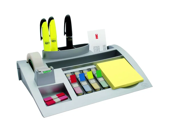 3M Organizador de sobremesa con bloc de notas, cinta Scotch y 4 dispensadores de banderitas, Plata 3M Organizador de sobremesa con bloc de notas, cinta Scotch y 4 dispensadores de banderitas, Plata