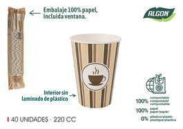 Algon Set de 40 Vasos de Cartón para Café, 220 cc, Diámetro 7 cm, Altura 9.5 cm (16 Unidades)