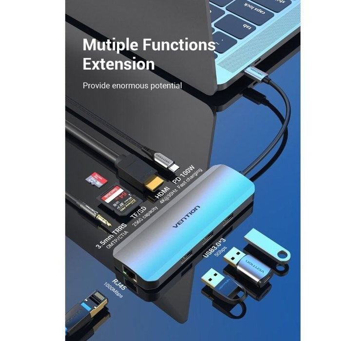 Vention Docking Station TOLHB con HDMI 4K, 3xUSB, USB-C PD, RJ45 y Lector de Tarjetas, Plata