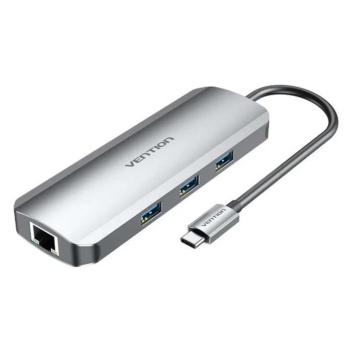 Vention TOLHB Docking USB Tipo-C 13 en 1 con 4K HDMI, 3xUSB 3.0, USB-C PD 100W, RJ45 Gigabit, Lector SD/MicroSD, Jack 3.5mm, Plata, Base para Portátil
