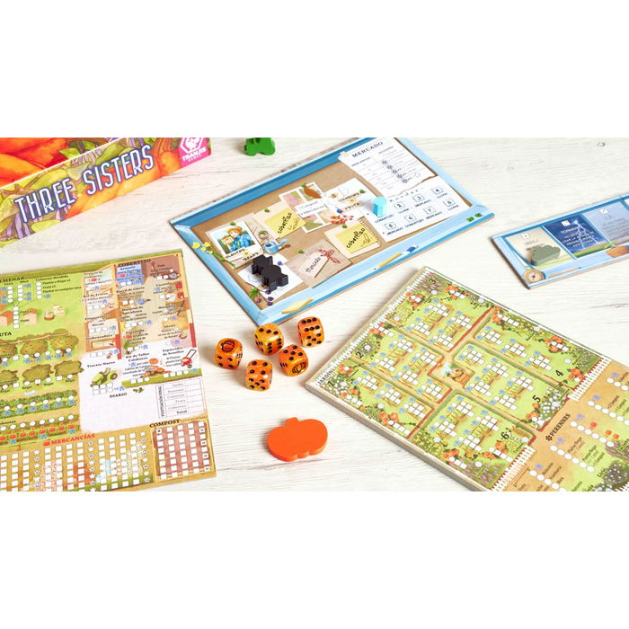 Tranjis Games Juego de Mesa Three Sisters - Roll & Write de Estrategia Agrícola para 2+ Jugadores, Cultiva Maíz, Calabazas y Judías