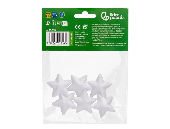 Liderpapel Figura Estrella Manualidades Espuma Blanca 4 cm Bolsa 6 Unidades