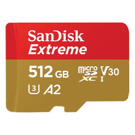 SanDisk CARD 512GB Sandisk Extreme MicroSDHC 190MB/s +Adaptador SD - MicroSDHC UHS-I Clase 10, U3, V30, A1, Resistente a Agua, Golpes y Rayos X, Lectura 190 MB/s