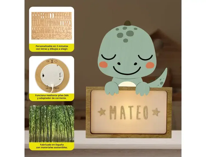 Wondee Lámpara de Noche Personalizable con Forma de Dinosaurio para Bebés - Luz Nocturna Infantil con Kit de Letras, Alimentación por USB-C y Pilas, Madera Sostenible