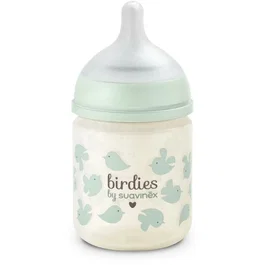 Suavinex Biberón Birdies de Cristal con Tetina SX Pro XS, 120 ml, para 0-3 meses, Verde