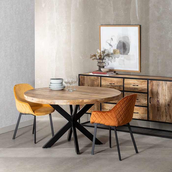 Mesa Comedor Natural-Negro Madera-Hierro 140 X 140 X 77 cm