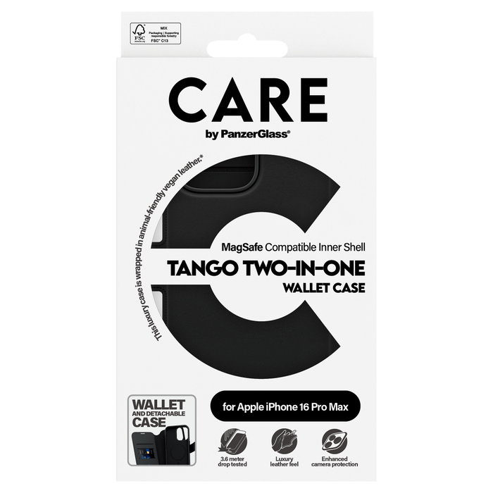 PanzerGlass CARE Feature Case Tango 2-in-1 Wallet MagSafe para iPhone 16 Pro Max, Negro